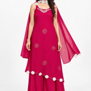 RIVAZ fuchsia flared festive set 61097, full front view with sleeveless flared top, circular trim and drape