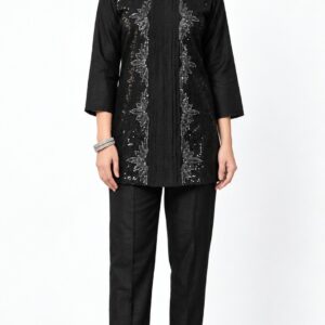 RIVAZ black kurta trouser set 61102, full front view with subtle dark floral panels and straight trousers