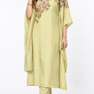 RIVAZ pale lime relaxed kurta set 61108-1, full front view with floral shoulder print, loose sleeves and slim trousers