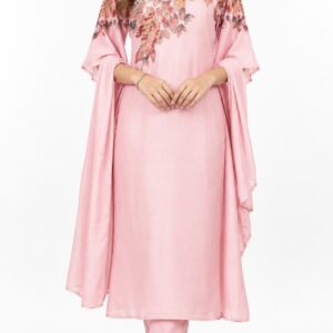 RIVAZ pastel pink relaxed kurta set 61108-2, full front view with floral shoulder print, loose sleeves and slim trousers