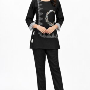 RIVAZ black kurta trouser set 61127, full front view with contrast abstract front motif and cropped trousers