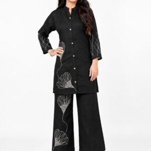 RIVAZ black co-ord set 61151, full front view with button-front kurta and white outline floral accents