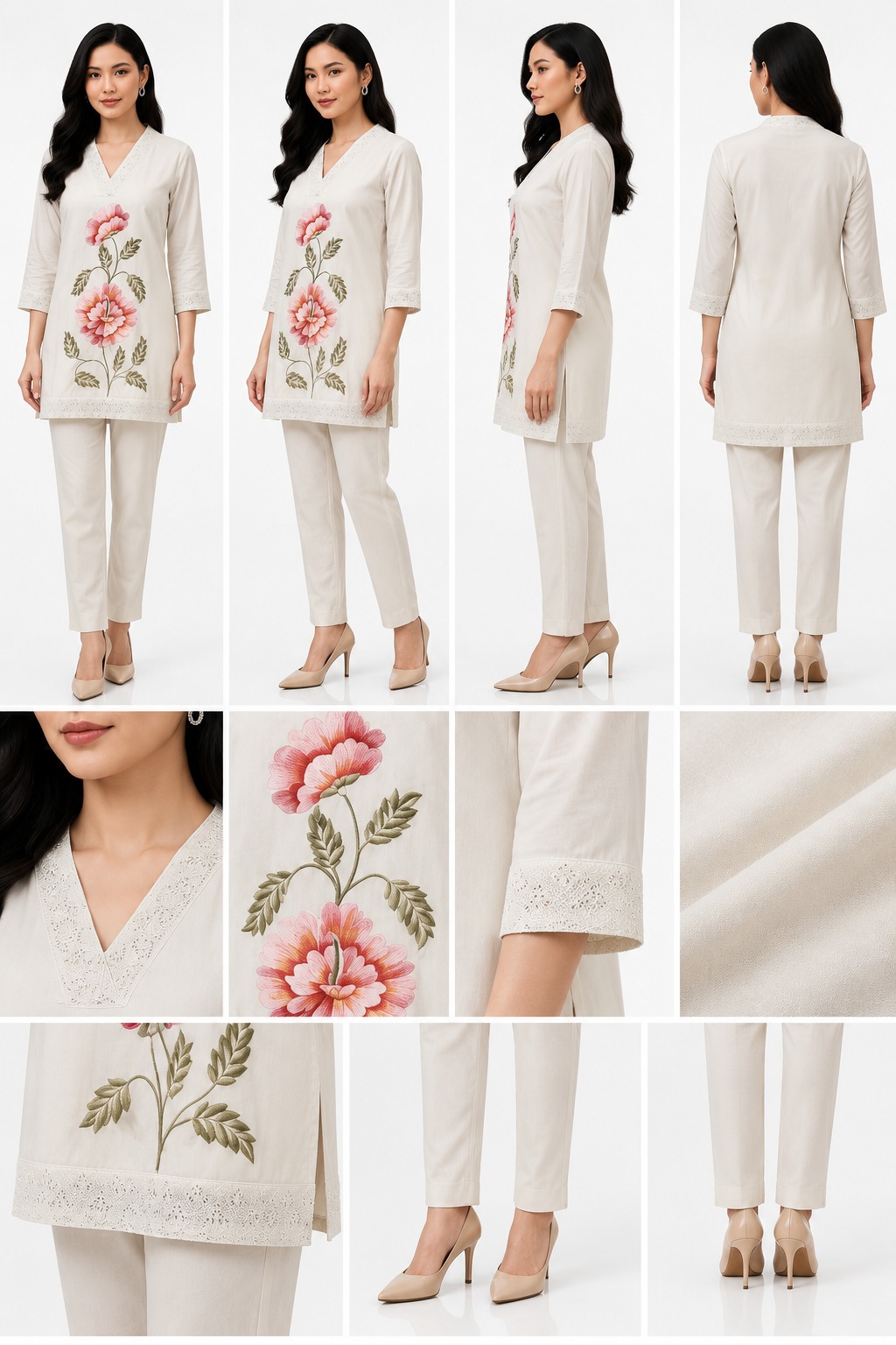 RIVAZ ivory kurta trouser set 61159, product detail view showing decorative accents and outfit pieces