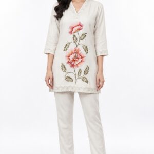 RIVAZ ivory kurta trouser set 61159, full front view with large pink flower on the front and slim trousers