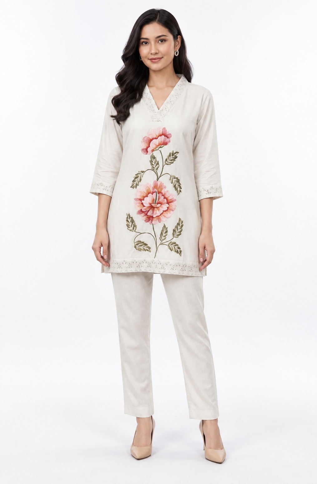 RIVAZ ivory kurta trouser set 61159, full front view with large pink flower on the front and slim trousers