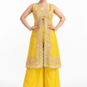RIVAZ yellow festive palazzo set 61244-1, full front view with long sleeveless embroidered overlayer and wide-leg bottoms