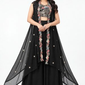 RIVAZ black festive skirt set 61244-2, full front view with ornate floral front panels and flowing skirt