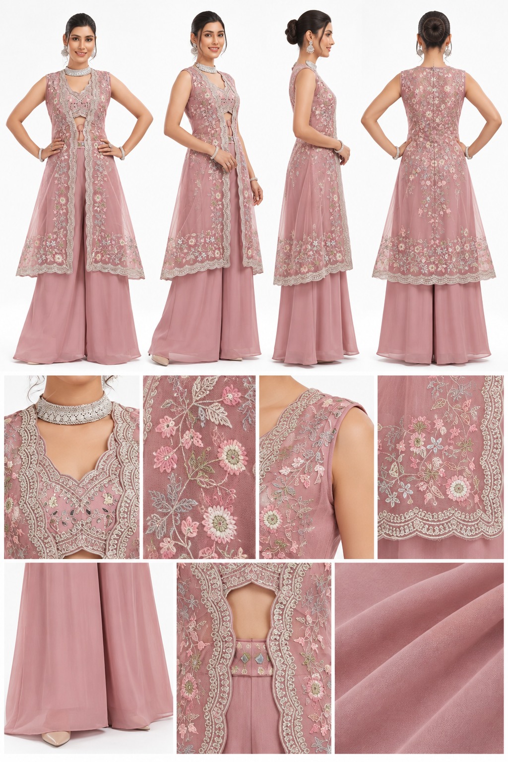 RIVAZ dusty pink festive palazzo set 61244-3, product detail view showing decorative accents and outfit pieces