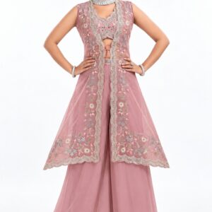 RIVAZ dusty pink festive palazzo set 61244-3, full front view with embroidered sleeveless overlayer and flowing bottoms