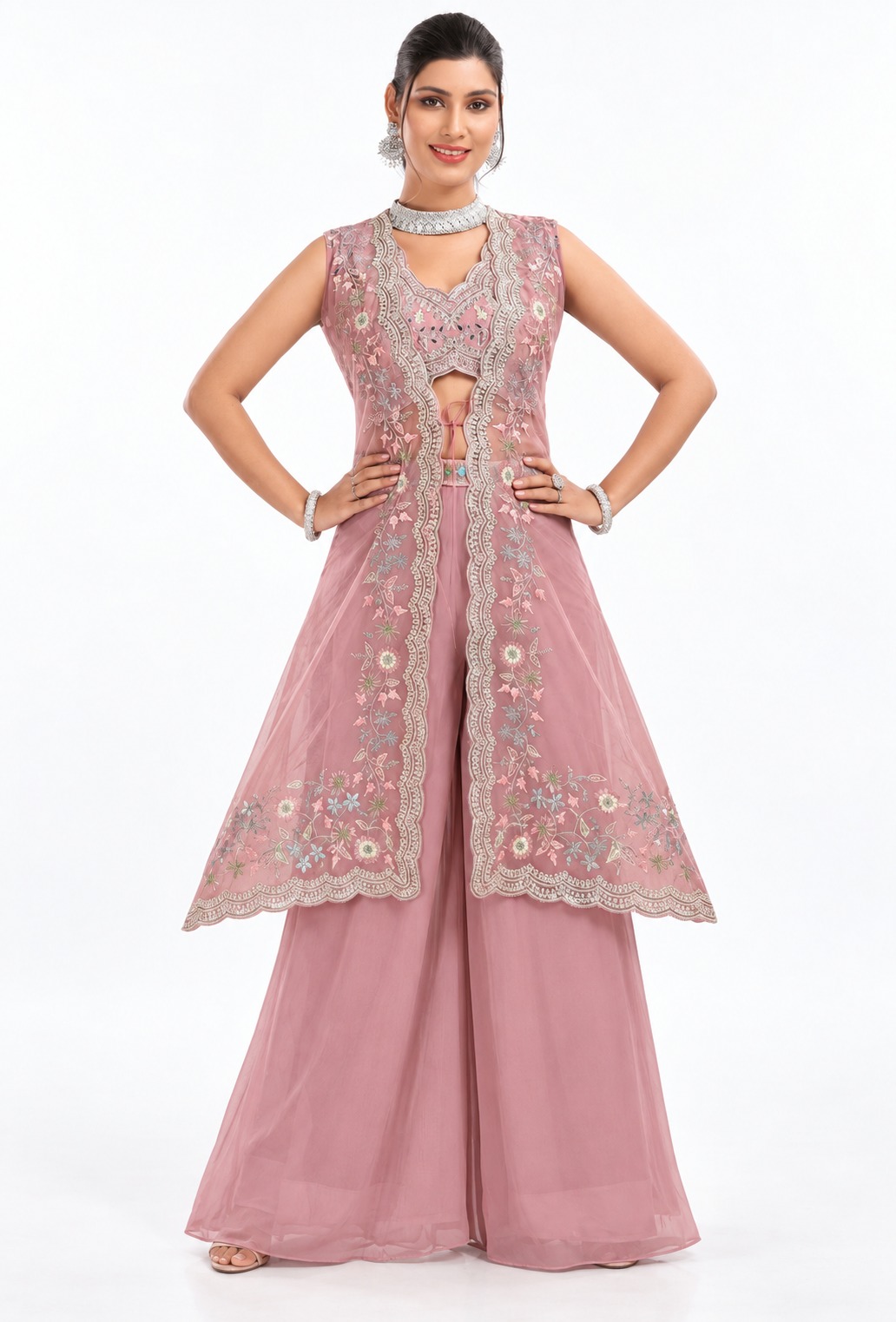RIVAZ dusty pink festive palazzo set 61244-3, full front view with embroidered sleeveless overlayer and flowing bottoms