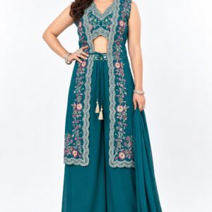 RIVAZ teal festive palazzo set 61244, full front view with long floral overlayer and wide-leg bottoms