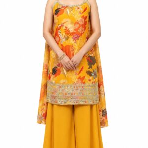 RIVAZ marigold festive palazzo set 61245-1, full front view with floral patterned top, ornate hem and wide-leg bottoms