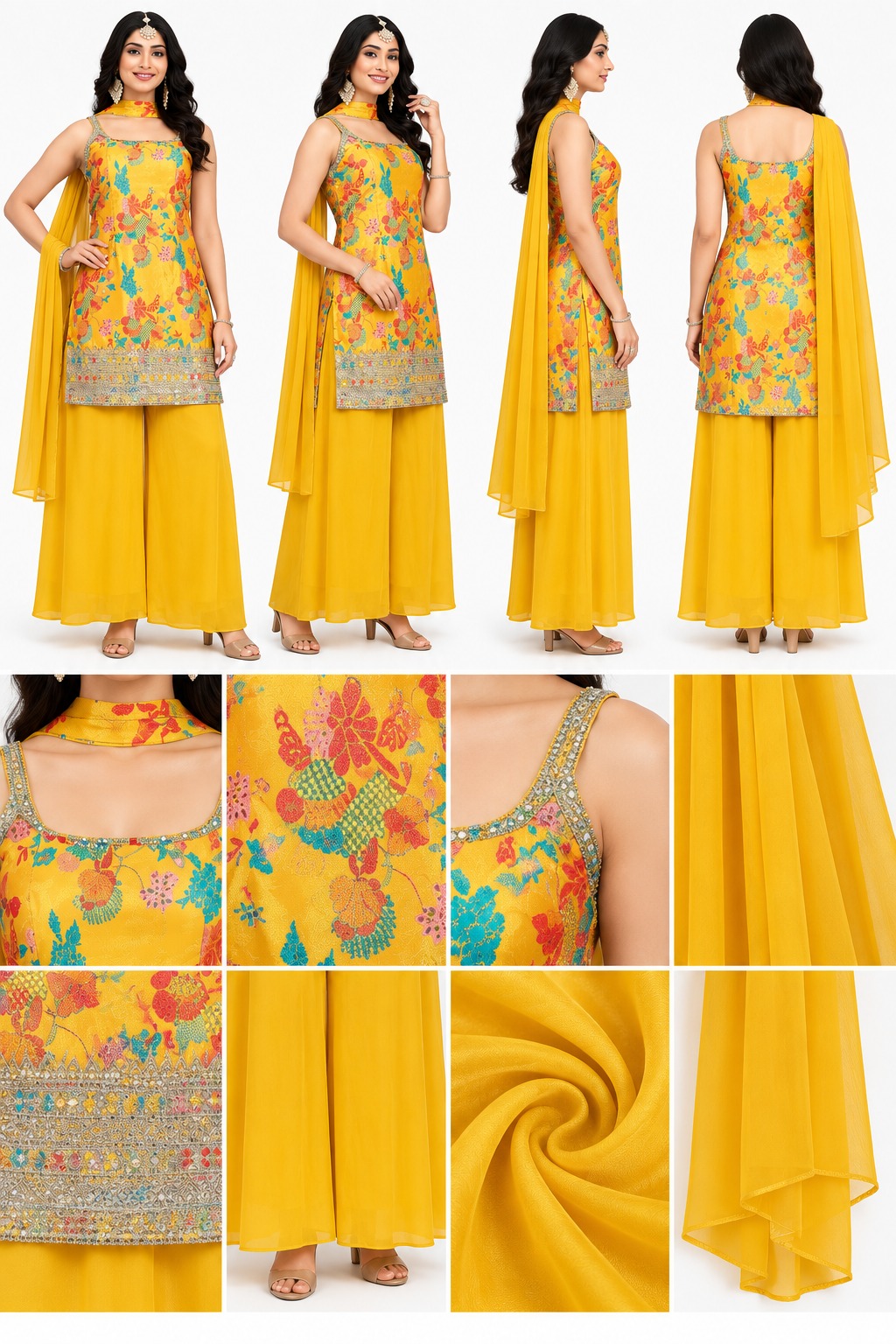 RIVAZ yellow festive palazzo set 61245, product detail view showing decorative accents and outfit pieces