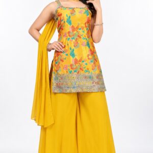 RIVAZ yellow festive palazzo set 61245, full front view with colourful floral sleeveless kurta and wide-leg bottoms