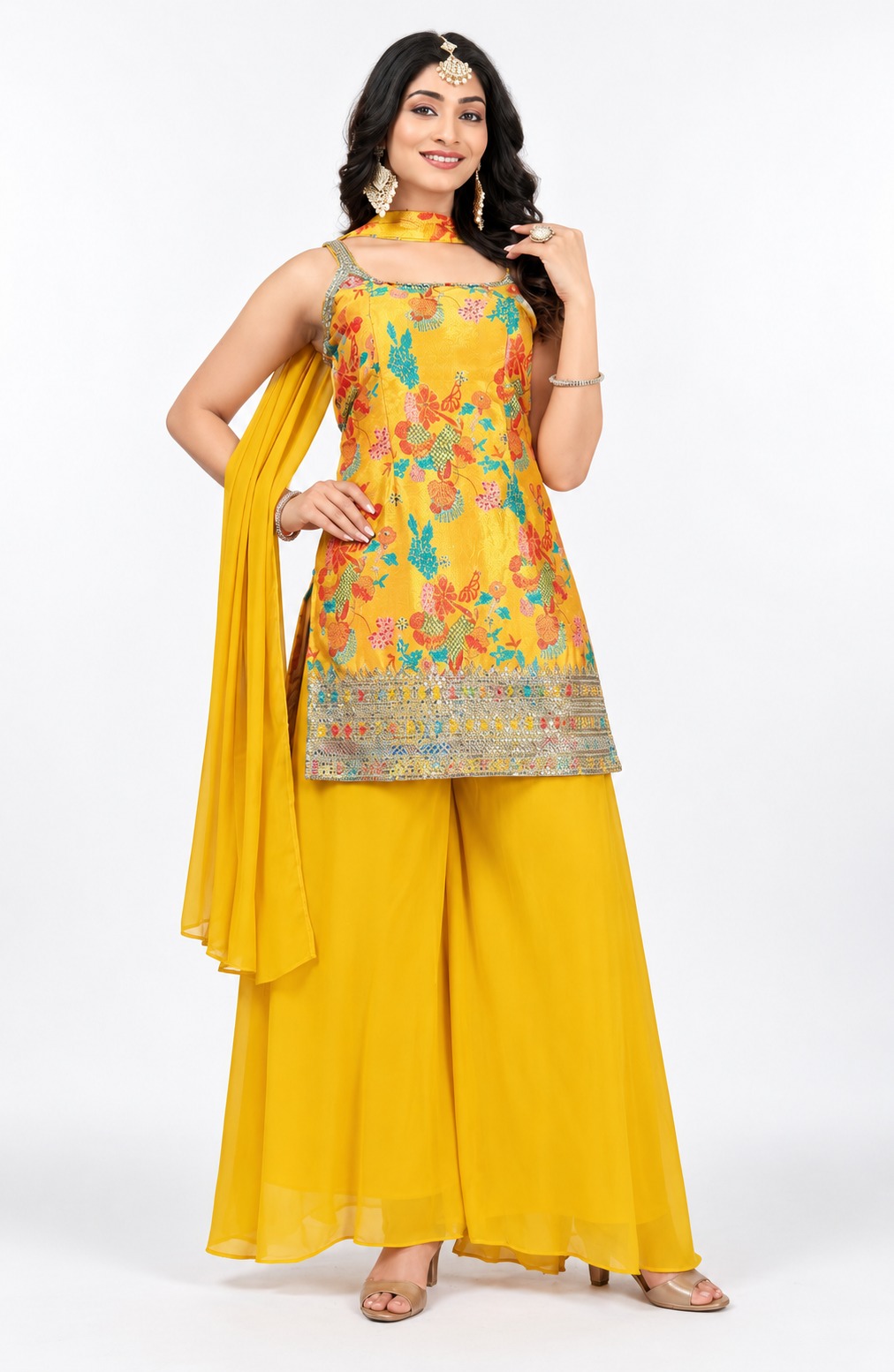 RIVAZ yellow festive palazzo set 61245, full front view with colourful floral sleeveless kurta and wide-leg bottoms