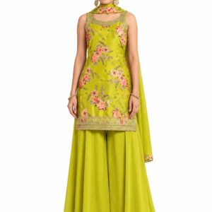 RIVAZ lime green festive palazzo set 61246, full front view with floral sleeveless kurta, patterned hem and wide-leg bottoms