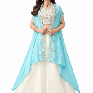 RIVAZ aqua and ivory festive skirt set 61247, full front view with embroidered bodice, aqua overlayer and ivory skirt