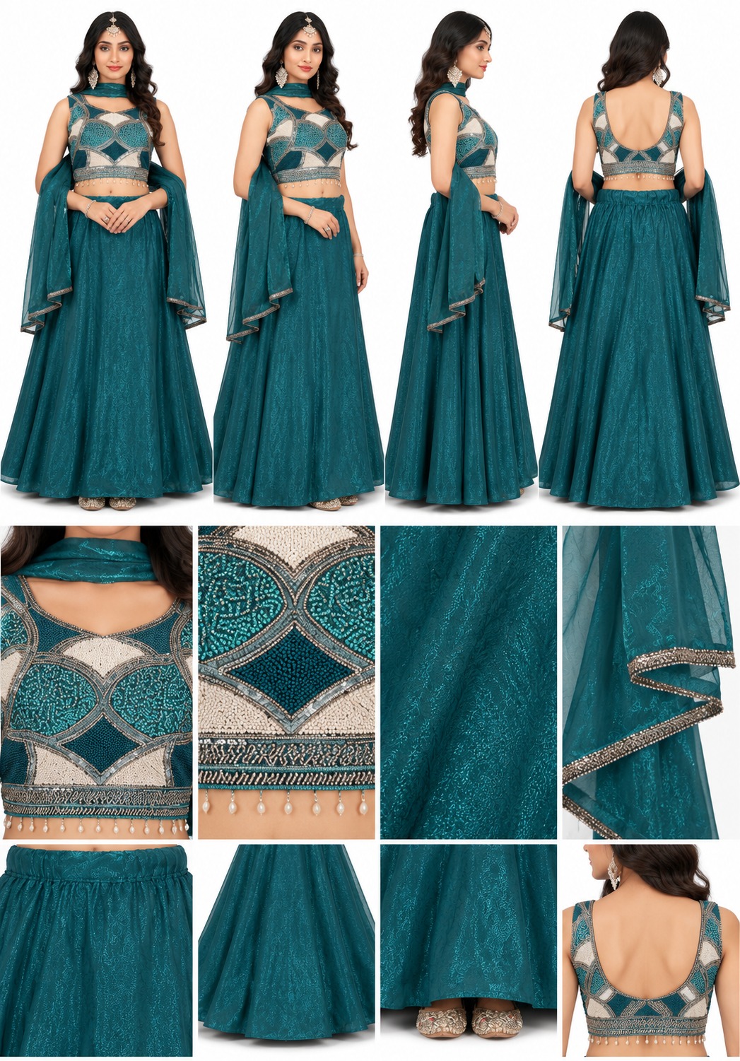 RIVAZ deep teal lehenga set 61248, product detail view showing decorative accents and outfit pieces