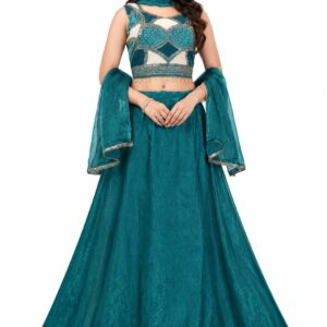 RIVAZ deep teal lehenga set 61248, full front view with decorated sleeveless blouse and full flowing skirt