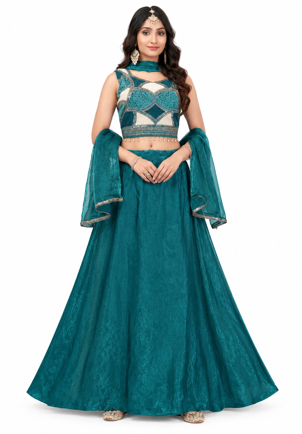 RIVAZ deep teal lehenga set 61248, full front view with decorated sleeveless blouse and full flowing skirt