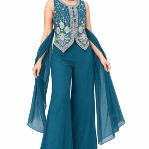 RIVAZ teal palazzo set 61249-1, full front view with ornate sleeveless waistcoat-style top and wide-leg palazzos