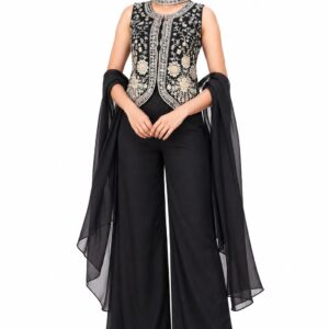 RIVAZ black palazzo set 61249-2, full front view with silver-toned decorated sleeveless top and wide-leg palazzos