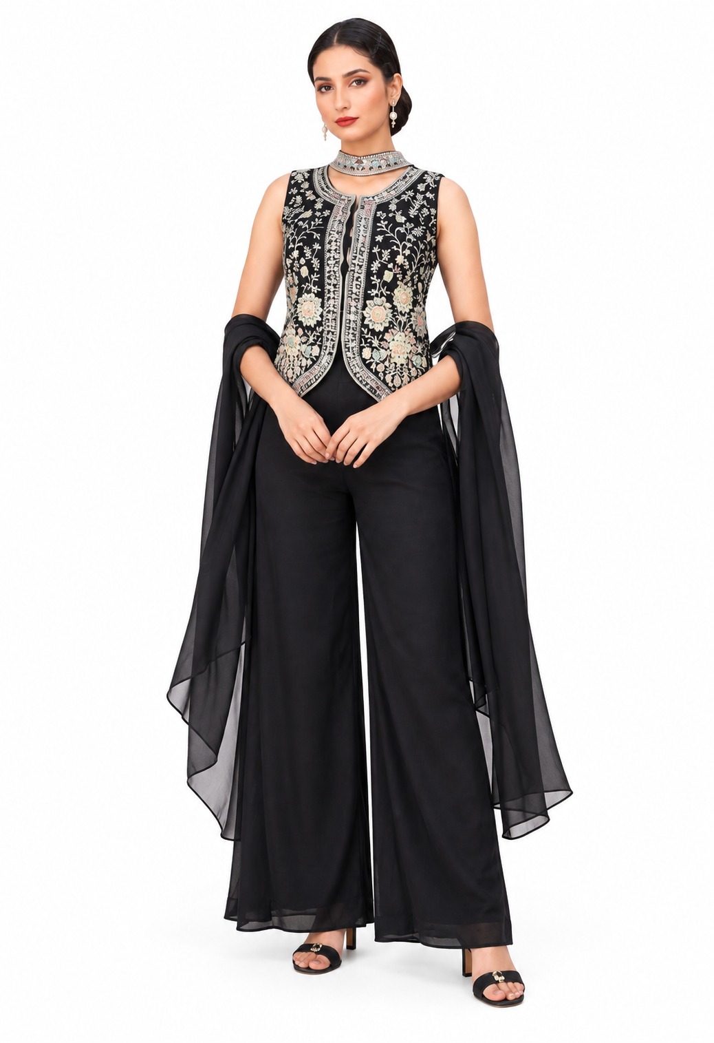 RIVAZ black palazzo set 61249-2, full front view with silver-toned decorated sleeveless top and wide-leg palazzos