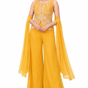 RIVAZ golden yellow palazzo set 61249, full front view with floral embroidered sleeveless top and wide-leg palazzos