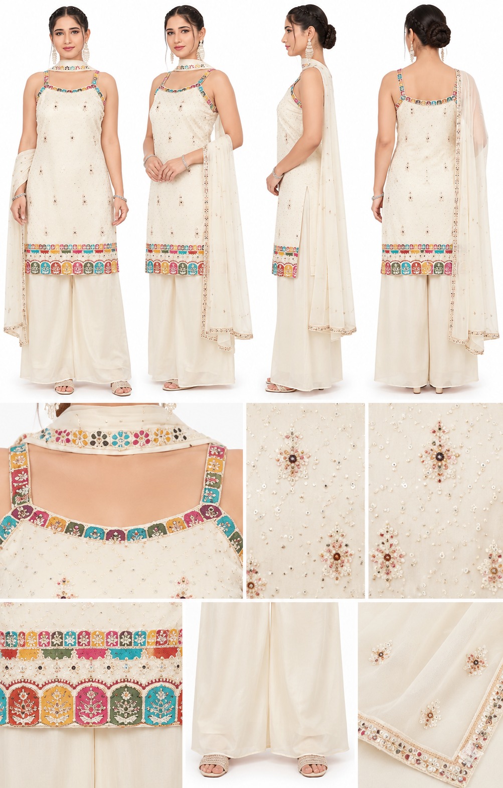 RIVAZ ivory festive palazzo set 61250, product detail view showing decorative accents and outfit pieces