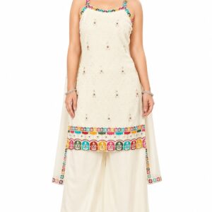 RIVAZ ivory festive palazzo set 61250, full front view with multicolour border motifs and flowing wide-leg bottoms