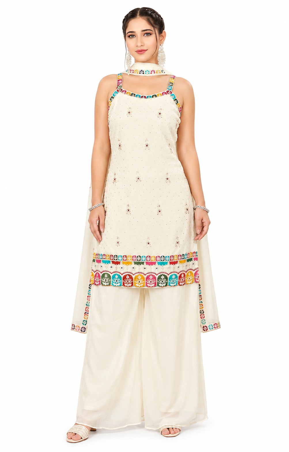 RIVAZ ivory festive palazzo set 61250, full front view with multicolour border motifs and flowing wide-leg bottoms