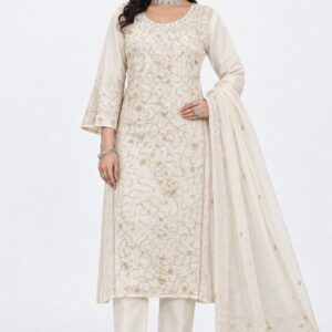 RIVAZ ivory embroidered kurti set 60028 with trousers and dupatta, full-length front view