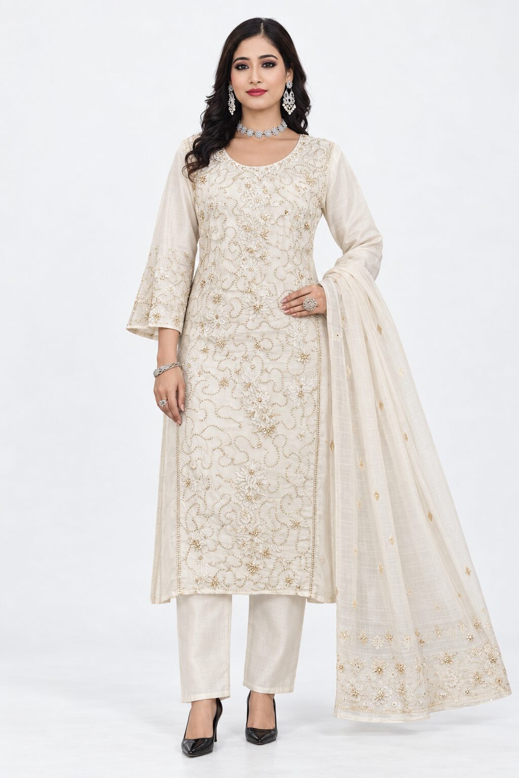 RIVAZ ivory embroidered kurti set 60028 with trousers and dupatta, full-length front view