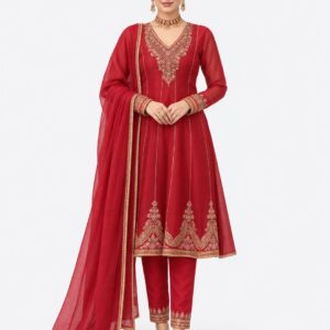 RIVAZ red decorative kurti set 60675 with trousers and dupatta, full-length front view