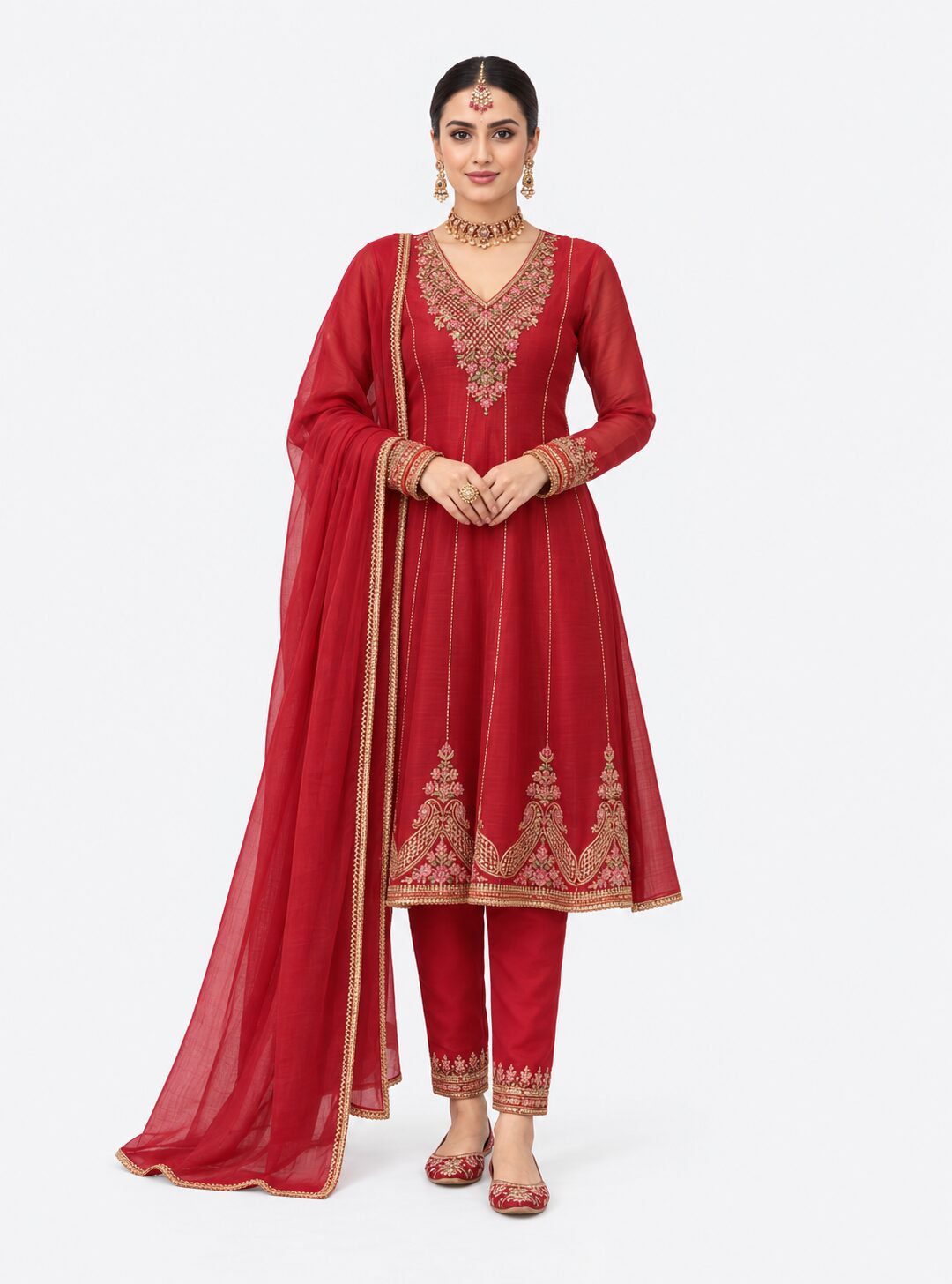 RIVAZ red decorative kurti set 60675 with trousers and dupatta, full-length front view