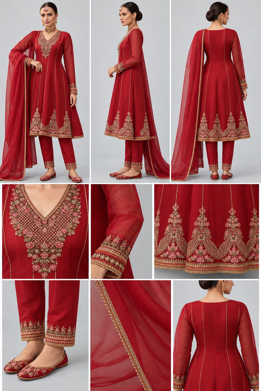RIVAZ red decorative kurti set 60675, multi-angle views and neckline, sleeve, trouser and dupatta details