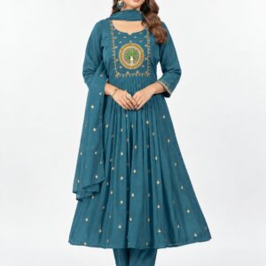RIVAZ teal motif kurti set 60791 with trousers and dupatta, full-length front view