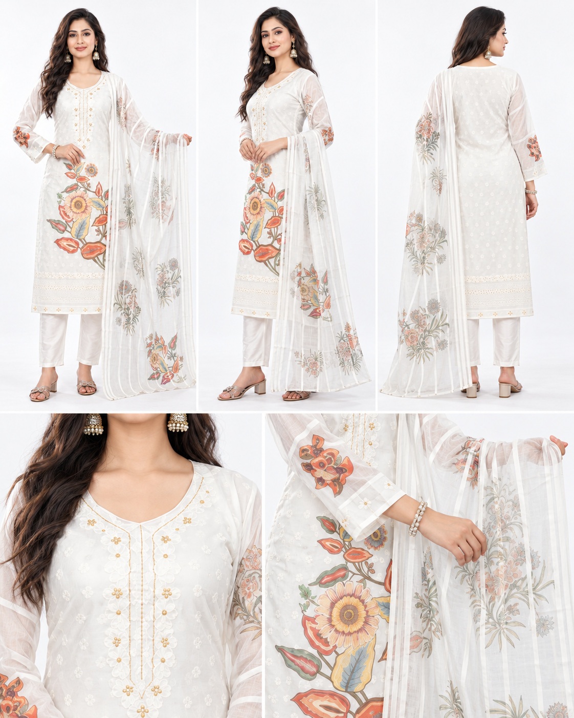 white kurti set with dupatta, style 59934, multi-angle views and neckline, sleeve and fabric-detail close-ups