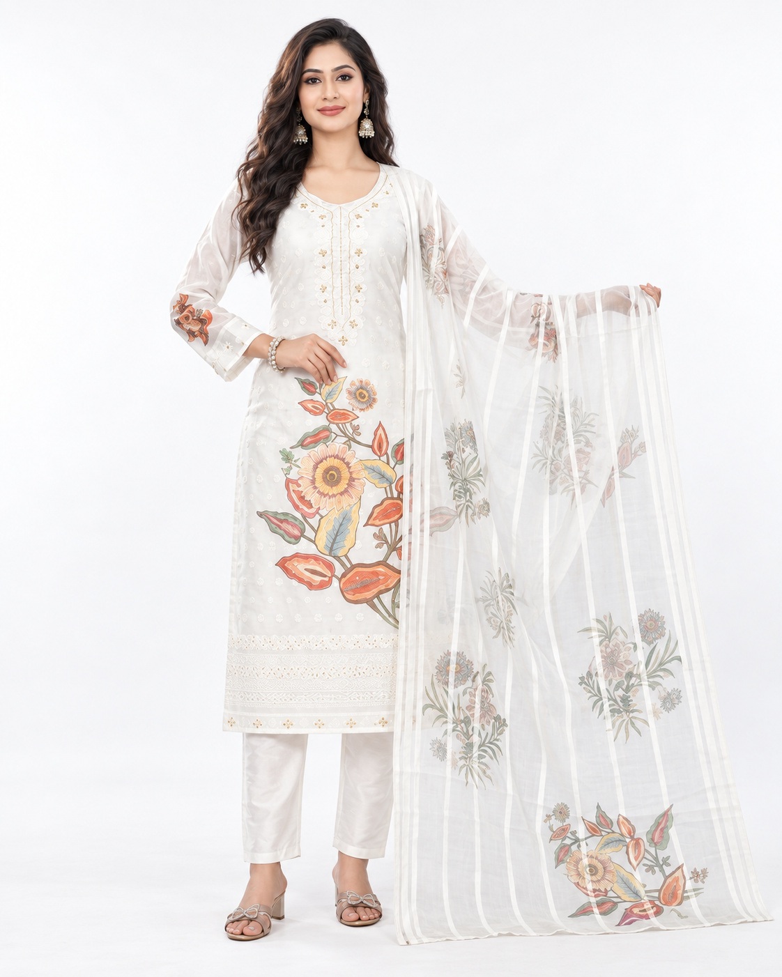 RIVAZ white kurti set with dupatta, style 59934, full-length front view
