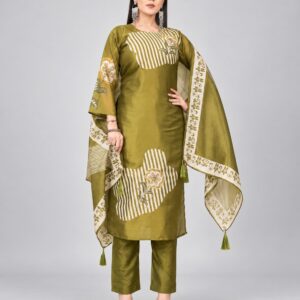 RIVAZ olive striped kurti set with dupatta, style 59962, full-length front view