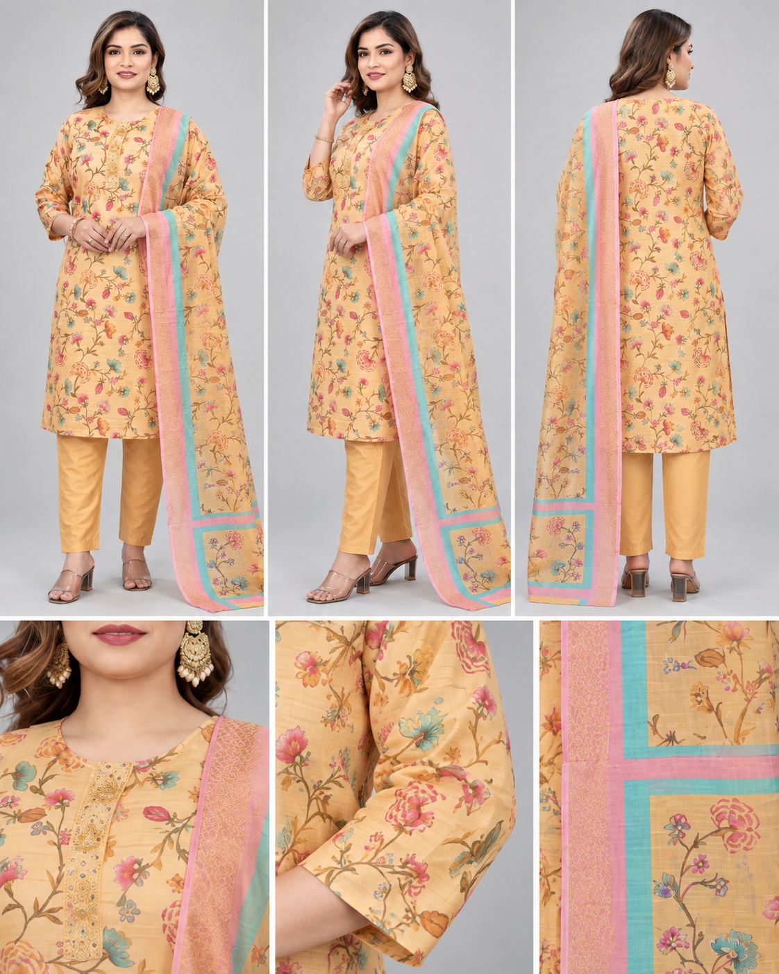 yellow floral kurti set with dupatta, RIVAZ style 59970, multi-angle and decorative detail views