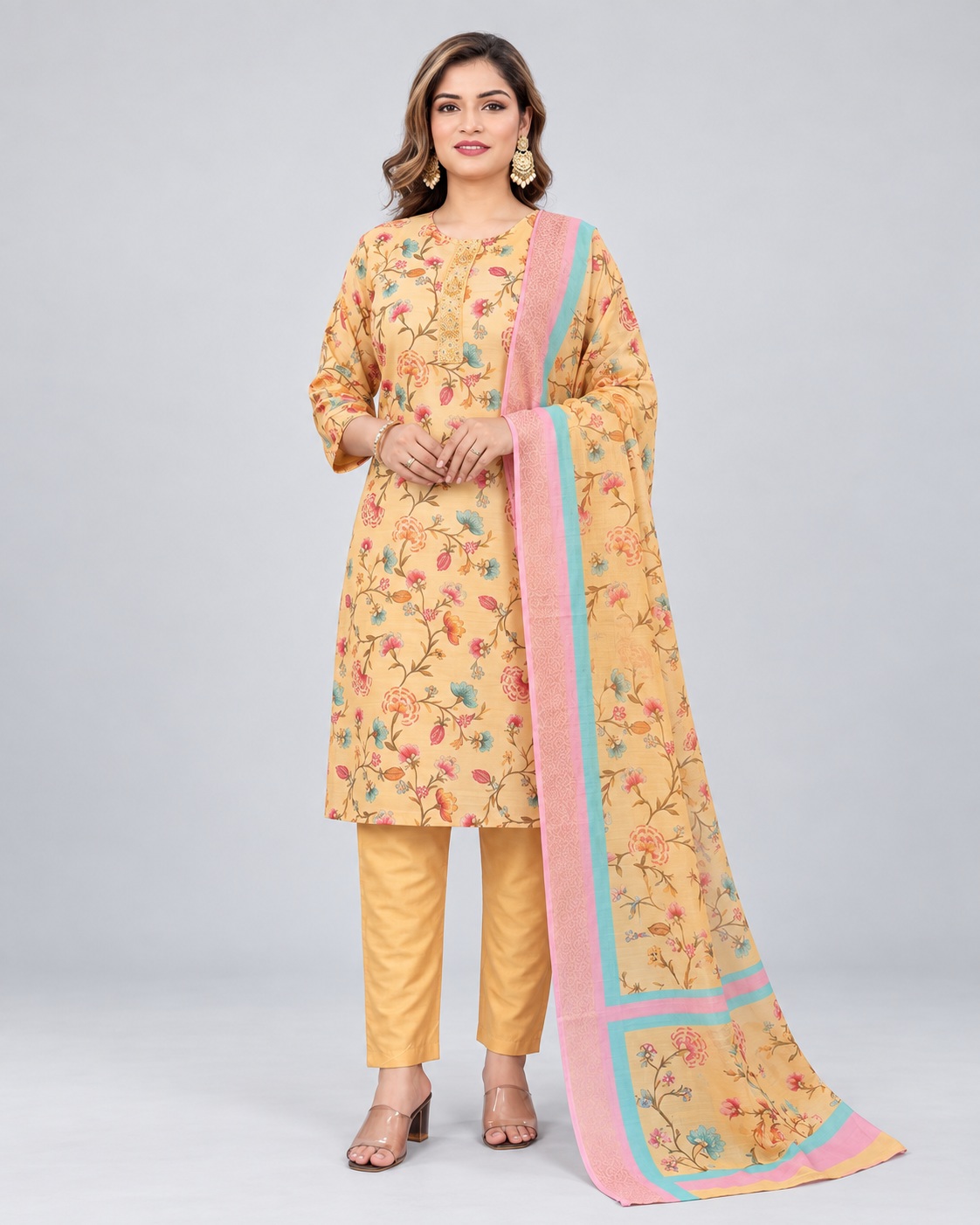 RIVAZ yellow floral kurti set with dupatta, style 59970, full-length front view