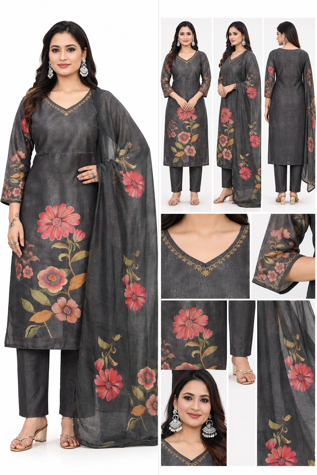 charcoal floral kurti set with dupatta, RIVAZ style 59973, multi-angle and decorative detail views