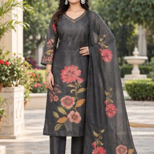 RIVAZ charcoal floral kurti set with dupatta, style 59973, full-length front view