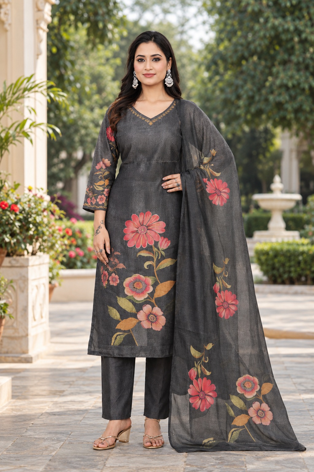 RIVAZ charcoal floral kurti set with dupatta, style 59973, full-length front view