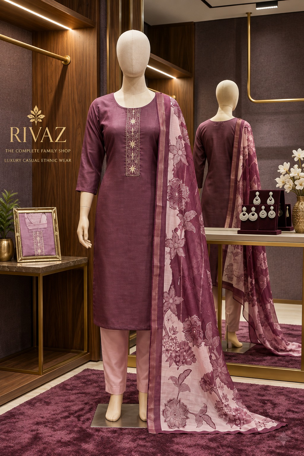 plum floral kurti set with dupatta, RIVAZ style 59978, mannequin display and reflected back view