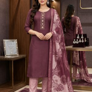 RIVAZ plum floral kurti set with dupatta, style 59978, full-length model front view