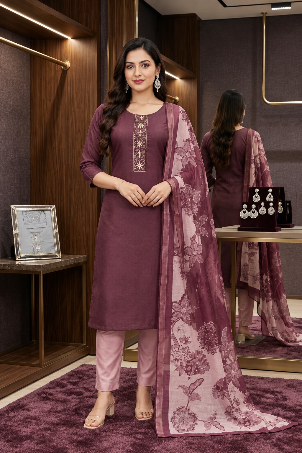 RIVAZ plum floral kurti set with dupatta, style 59978, full-length model front view