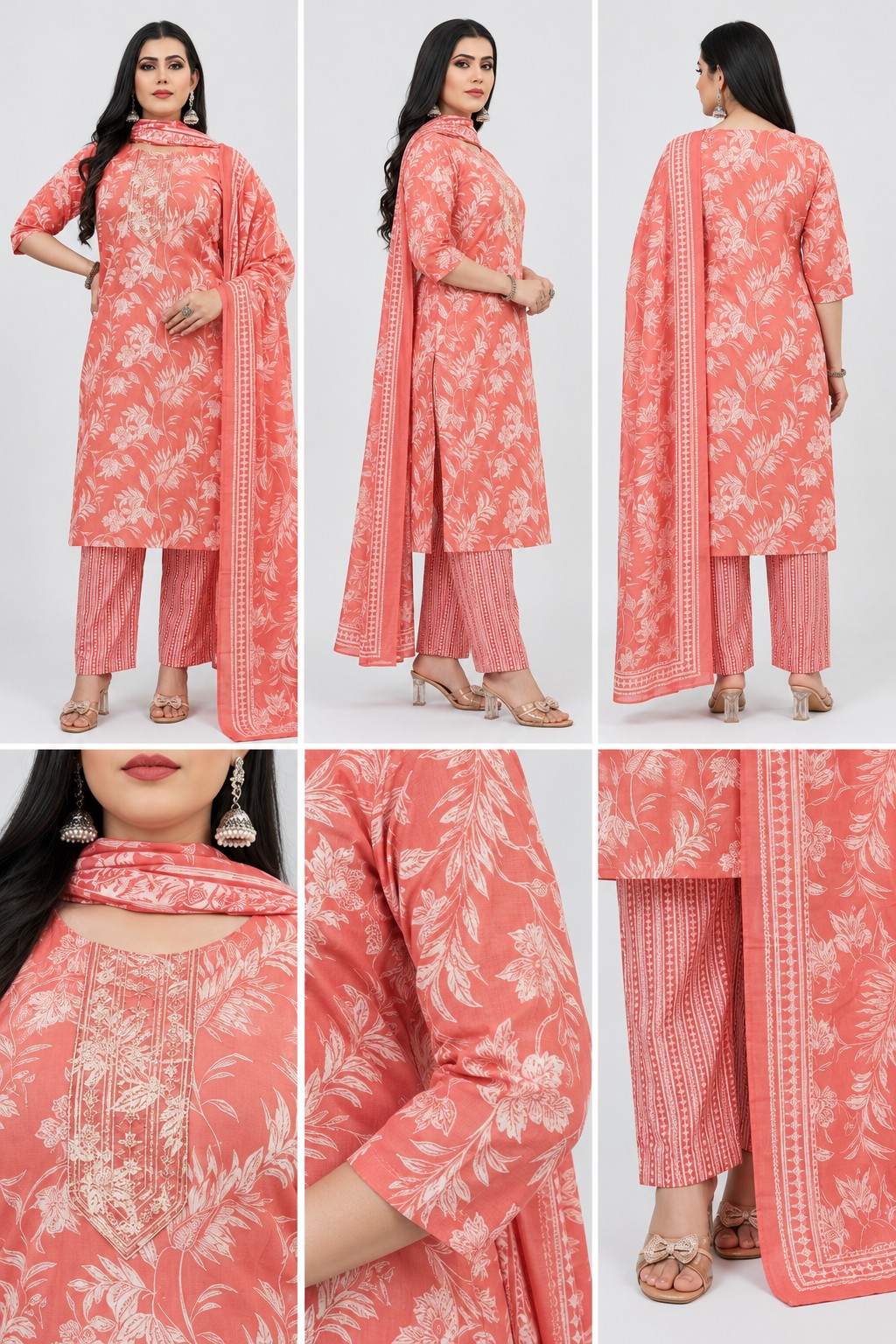 coral floral kurti set with dupatta, RIVAZ style 59986, multi-angle and decorative detail views