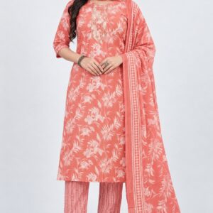 RIVAZ coral floral kurti set with dupatta, style 59986, full-length model front view